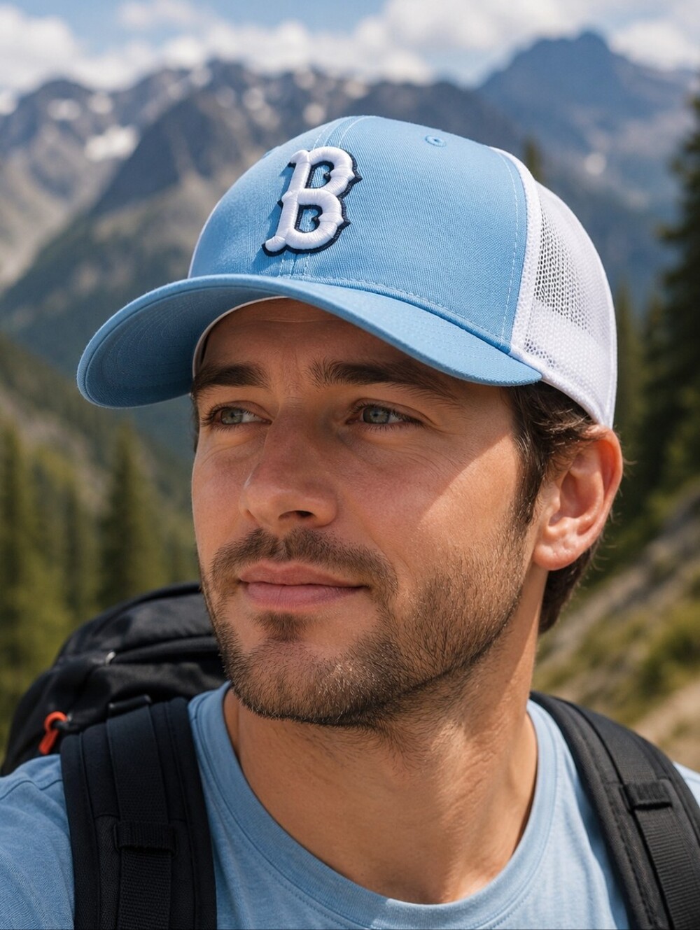 Light Blue Trucker Hat Fitted Mesh Cap Old English Letter B Streetwear Y2K Retro
